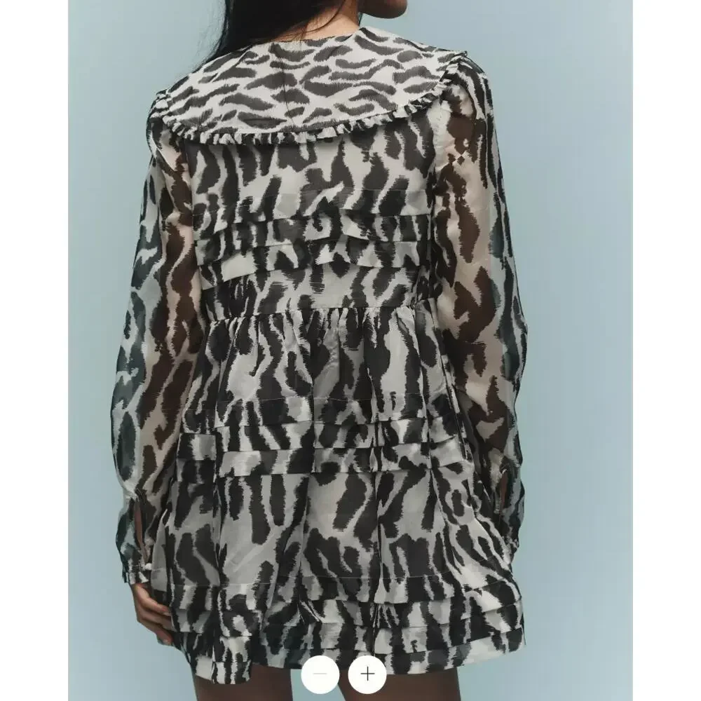 Anthropologie Maeve Long-Sleeve Collared Sheer Mini Dress in Black and White